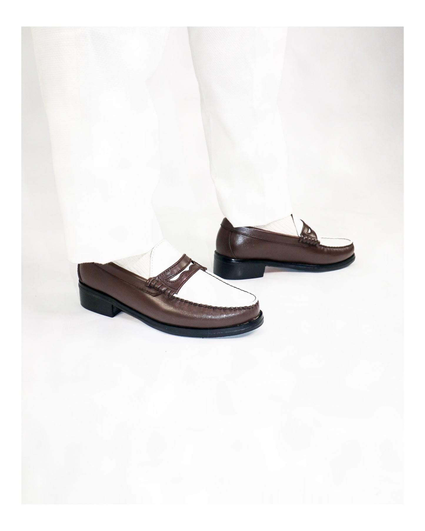 (READY TO SHIP)
“J.M.” PENNY LOAFERS in TWO-TONE CHOCOLATE BROWN & WHITE