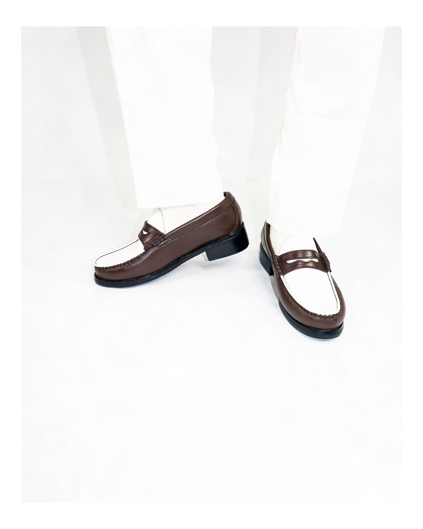 (READY TO SHIP)
“J.M.” PENNY LOAFERS in TWO-TONE CHOCOLATE BROWN & WHITE