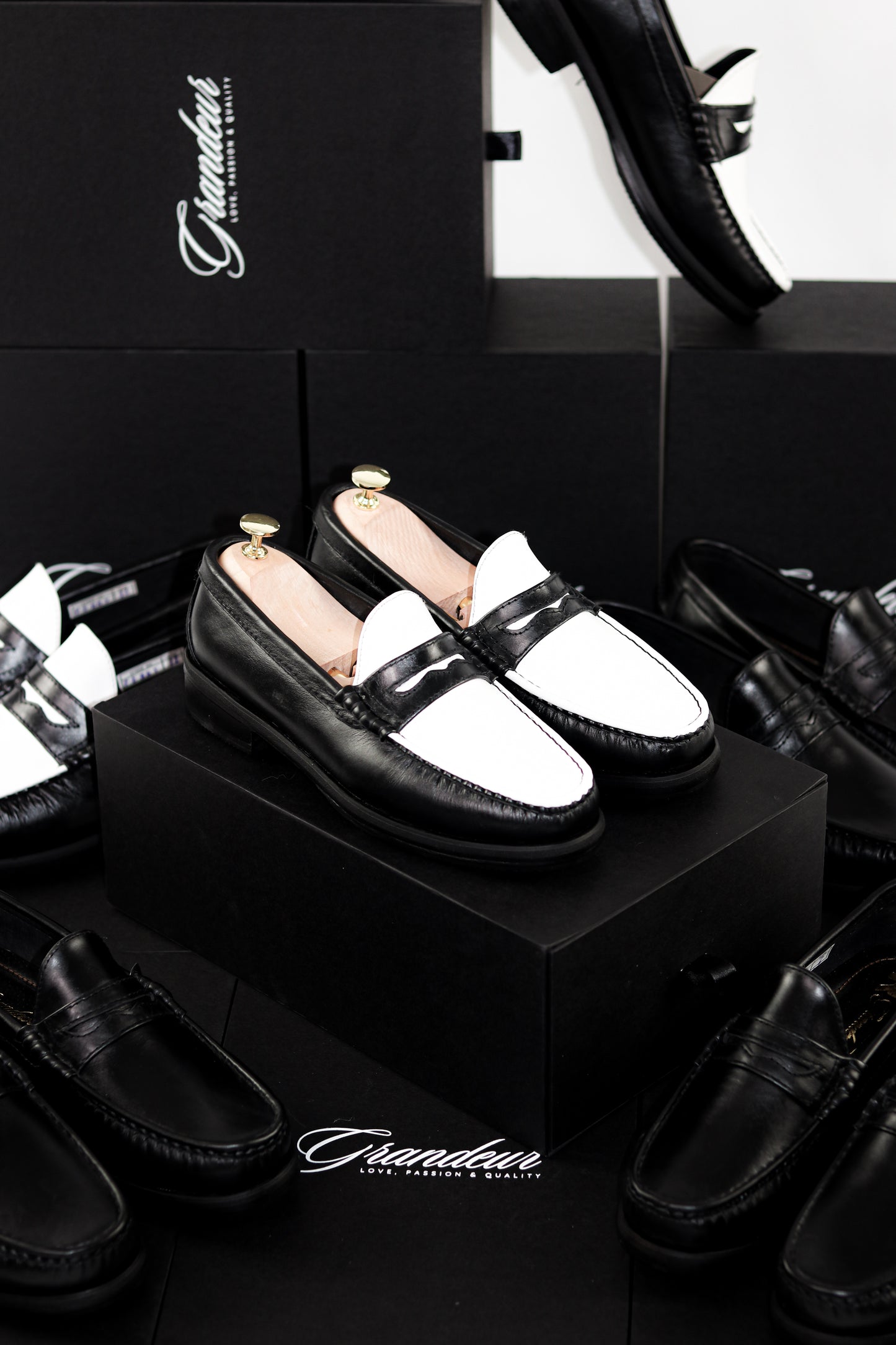 “J.M.” PENNY LOAFERS in TWO-TONE BLACK & WHITE