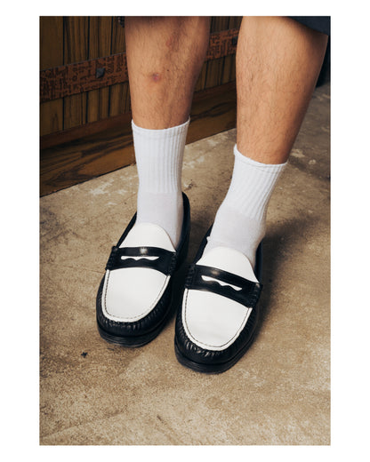 (READY TO SHIP) “J.M.” PENNY LOAFERS in TWO-TONE BLACK & WHITE