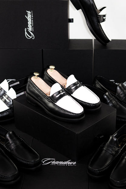 GRANDEUR “J.M.” PENNY LOAFERS in TWO-TONE BLACK & WHITE