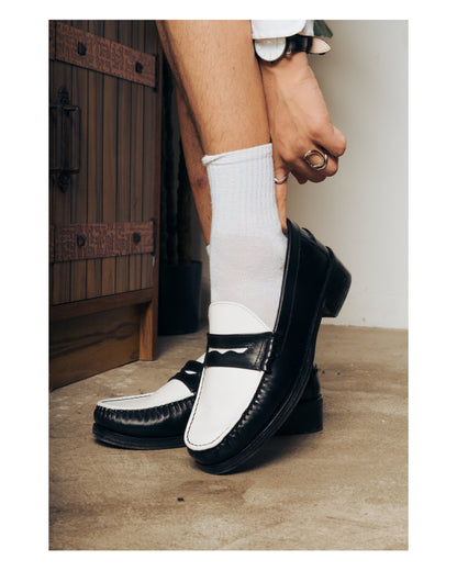 (READY TO SHIP) “J.M.” PENNY LOAFERS in TWO-TONE BLACK & WHITE