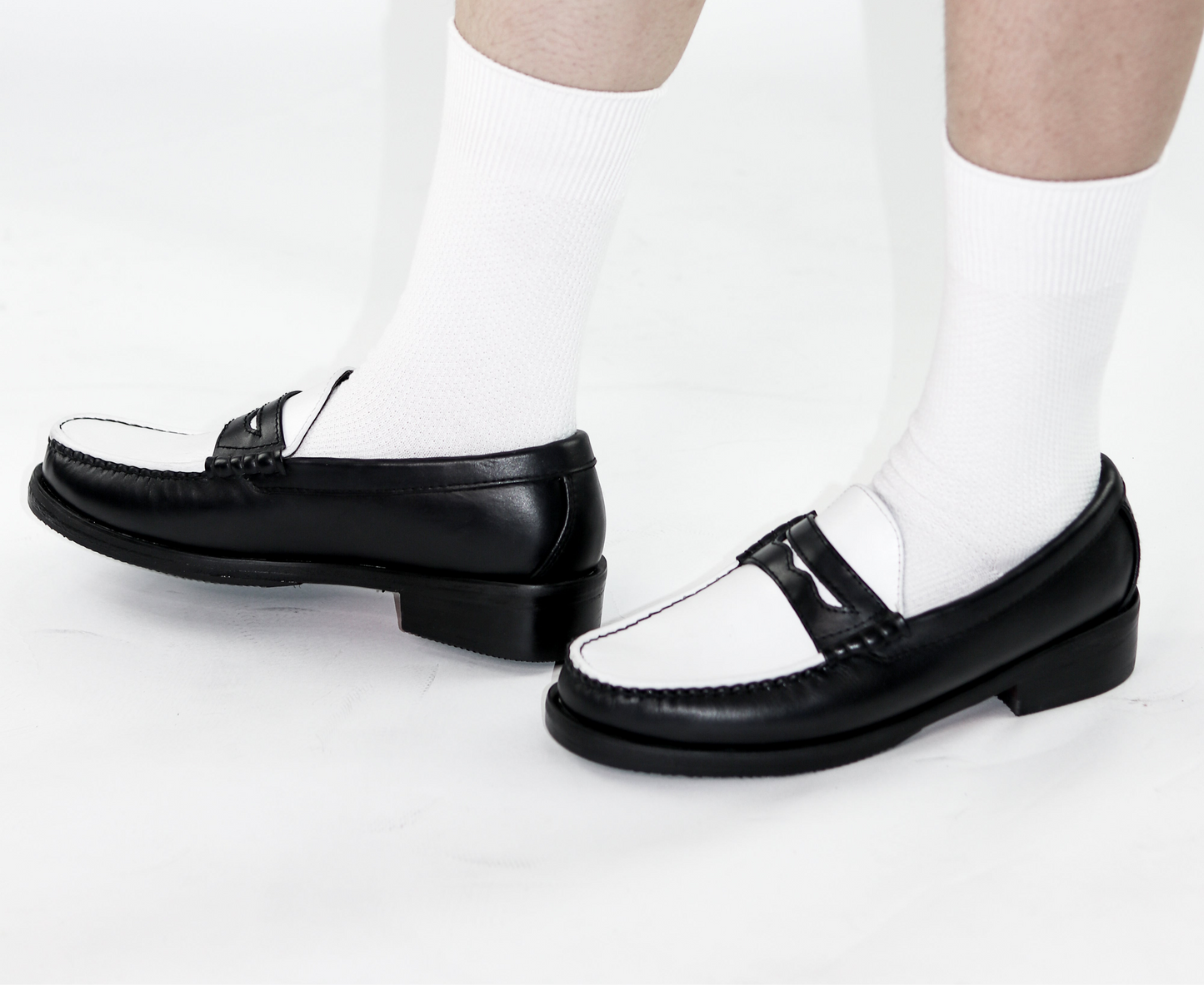 “J.M.” PENNY LOAFERS in TWO-TONE BLACK & WHITE