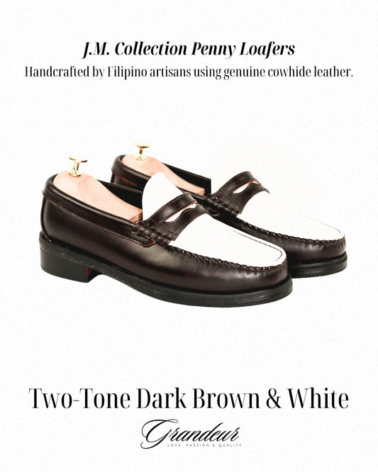 “J.M.” PENNY LOAFERS in TWO-TONE DARK BROWN & WHITE