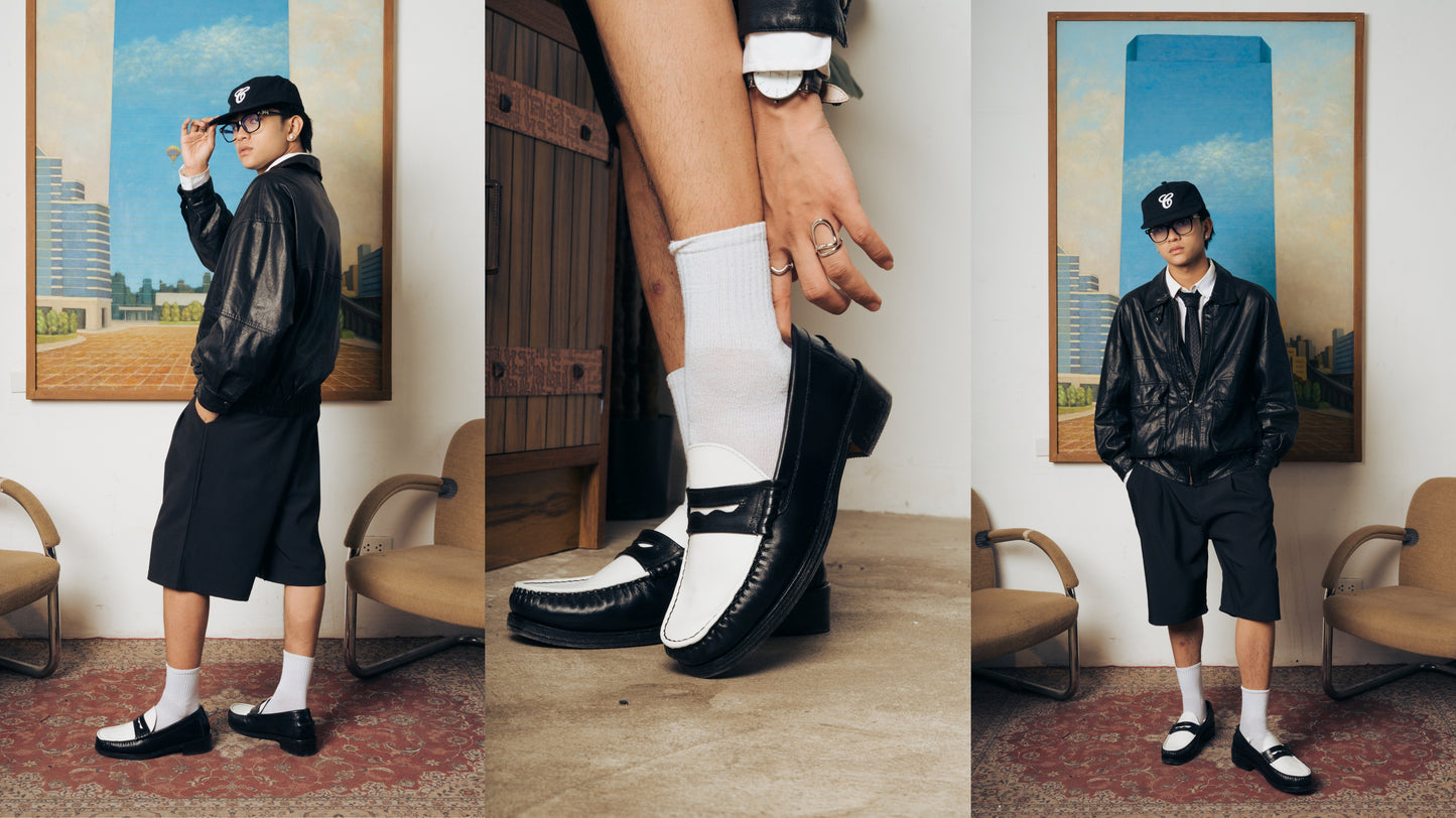 (READY TO SHIP) “J.M.” PENNY LOAFERS in TWO-TONE BLACK & WHITE